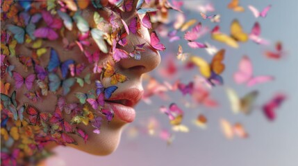 Artistic close up portrait of a woman with her face covered in colorful flying butterflies.