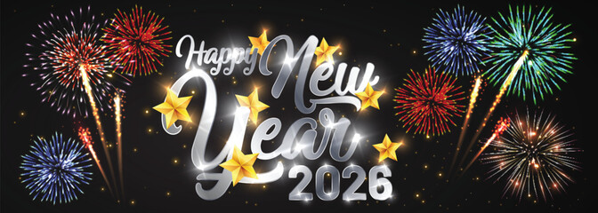 Happy new year 2026 Elegant text with light effect and fireworks.