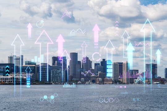 Boston skyline with futuristic holographic overlays showing graphs and icons. Double exposure concept of technology and business. Double exposure