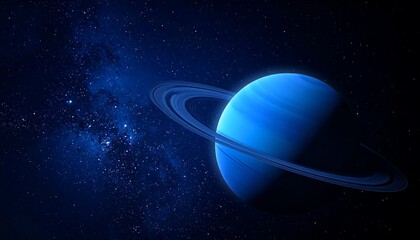 Mysterious blue planet with prominent rings floating in the vastness of space surrounded by stars.