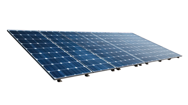 Array of four solar panels angled towards top right on black background