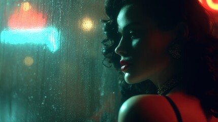 Portrait of a woman by the window with neon light, pensive mood in the night city.