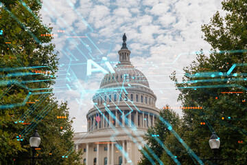 The United States Capitol with a futuristic hologram overlay, against a cloudy sky. Double exposure