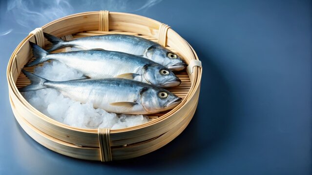 Pindang Fish in Bamboo Box on Dark Background