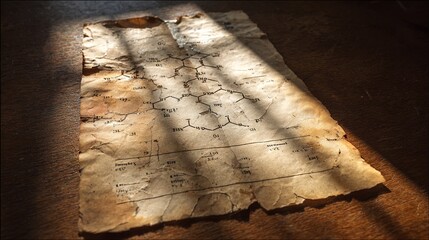Vintage cracked parchment with a forgotten chemical diagram, illuminated by a validating beam of light.
