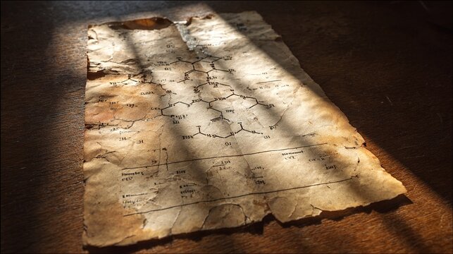Vintage cracked parchment with a forgotten chemical diagram, illuminated by a validating beam of light.