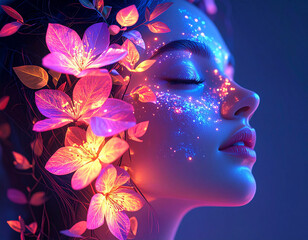 Fantasy Portrait of Woman with Glowing Neon Flowers and Cosmic Light Particles