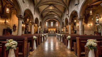 Fototapeta premium Elegant Church Interior Decorated for Wedding Ceremony, Featuring Rows of Pews and Floral Arrangements