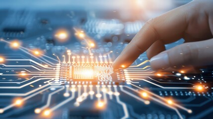 Human finger touching glowing microchip on circuit board. Digital innovation, AI, data processing, and future technology concept.