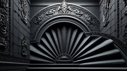 the scene shows a grand, decorative staircase in monochrome. an archway frames the steps, adorned with ornate carvings, while similar embellishments appear on the walls