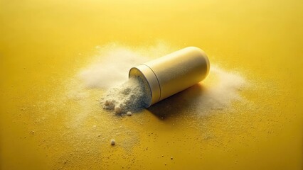 Pill casing on yellow background with powder spilled