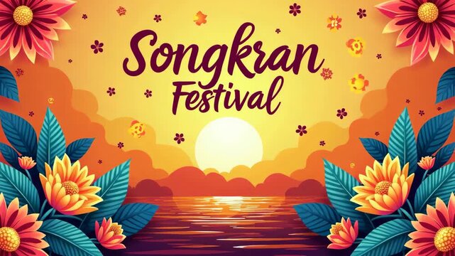 Songkran festival poster design. Colorful  featuring vibrant flowers, tropical leaves, and a glowing sunset over water, celebrating Songkran Festival. Perfect for festive, cultural, and seasonal