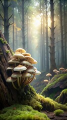 Fresh oyster mushrooms growing on a wooden log in a misty forest environment
