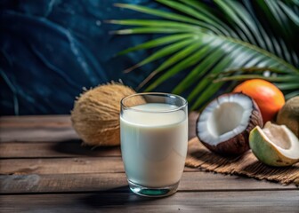 Coconut milk glass on wooden table background