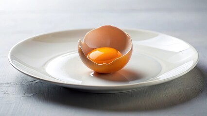 A cracked eggshell with yolk on a white plate and isolated on a clean kitchen background
