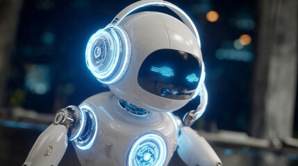 Fototapeta premium a futuristic robot standing amidst what appears to be an urban setting with neon lights in the background