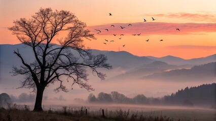 sunrise birds flying from bare tree mountain misty