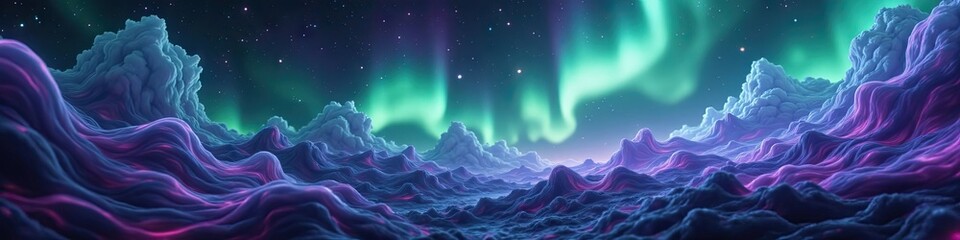 Colorful aurora borealis dancing over a surreal, alien landscape.