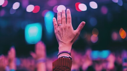Hand raised in a vibrant bokeh background, symbolizing participation, engagement, and celebration at a lively event