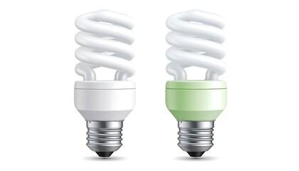 Two spiral fluorescent light bulbs, one white and one pale green, are depicted against a white background.