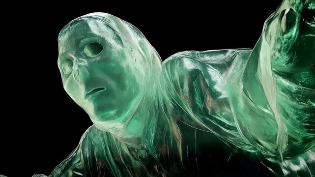 Abstract Transparent Humanoid Figure Emerging into View on a Black Background