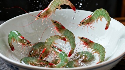 Fresh Green Shrimp in White Bowl with Water Splash, Ideal for Seafood Lovers and Culinary Enthusiasts