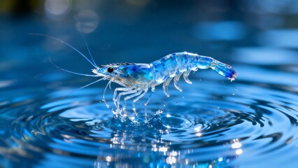 Vibrant Blue Shrimp on Water Surface, Great for Aquatic Enthusiasts and Nature Lovers