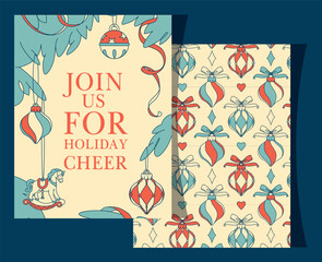 Bright Christmas invitation poster with festive ornaments and playful rocking horse design. Sparkle and Joy holiday card layout in vertical 8.5x11 format.