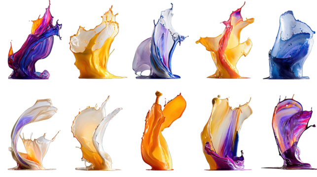 Colorful, stylized paint splashes freeze-framed on black