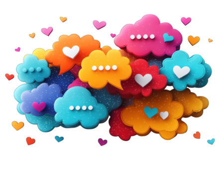 Colorful speech bubbles with hearts and ellipses, cloud-like and whimsical