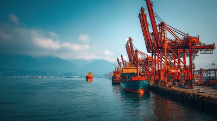 Obraz premium Busy Container Port Scene with Cargo Ships, Cranes, and Distant Mountain Backdrop in Vancouver