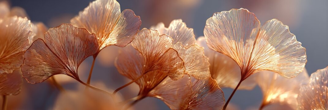 Close-up of delicate, translucent, fan-shaped leaves in warm light, showcasing veins - Powered by Adobe