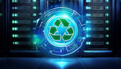 modern technology symbolizes sustainability through a digital recycle icon on a server background