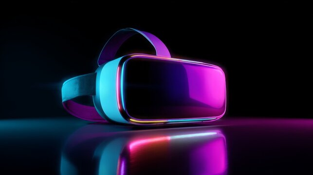 a pair of vr goggles with a vibrant purple interior and a matching strap. the goggles are placed on a surface with a purple gradient background, creating a cohesive color theme