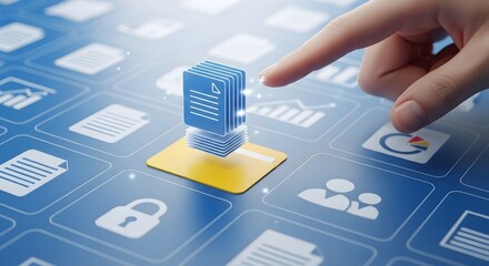 Digital Document Management System: Hand Interacting with File Icons on Blue Interface, Data Security, Technology