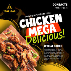Delicious fried chicken wings social media post template for a fast food restaurant, BBQ, or grill house.
