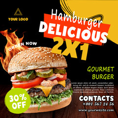 Delicious hamburger social media post template for a fast food restaurant or cafe with a special 2x1 offer.
