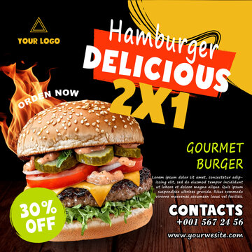 Delicious hamburger social media post template for a fast food restaurant or cafe with a special 2x1 offer.