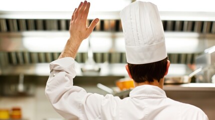 Chef raising hand in professional kitchen. Back view of a cook in uniform gesturing or waving in commercial restaurant setting.