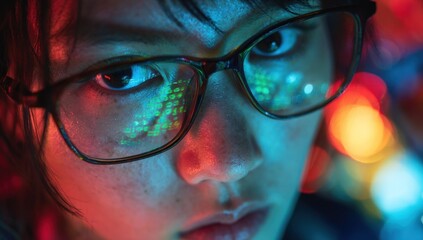 Close-up of person wearing glasses reflecting digital data, illuminated by blue/red light