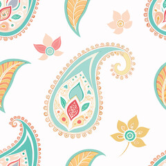 Elegant paisley seamless pattern, intricate floral motifs, perfect for traditional saree fabric design, soft pastel colors on white background