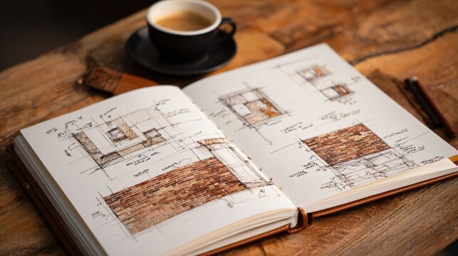 Conceptual flat lay: architect’s sketchbook with pencil sketches of brick wall layouts, on wooden table - Powered by Adobe