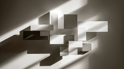 Minimalist composition of rectangular objects in neutral tones, abstract technology representation.