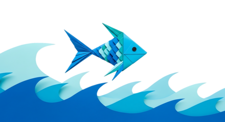 Paper origami fish leaping over stylized blue waves.