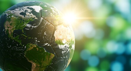 Earth-patterned soccer ball with sun flare against blurred green background