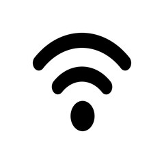 Black wifi symbol with curved lines and a circle indicating wireless internet connectivity and network signal strength