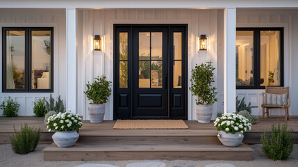 Modern farmhouse entry with bold black front door, symmetrical columns on either side, white siding textured in vertical lines, sconces glowing warmly