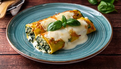 vertical format deliciously baked spinach and ricotta cannelloni topped with melted cheese garnished with fresh basil on a wooden table