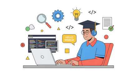 Software Developer Achieving Success Illustration of a Coding Student with Laptop and Graduation Cap