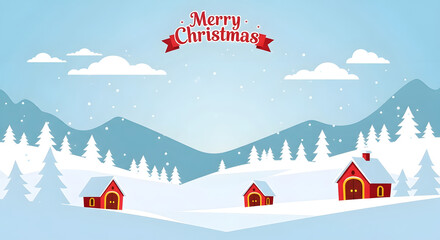 Fototapeta premium Festive Christmas Landscape with Cozy Houses and Snowy Trees in Flat Design